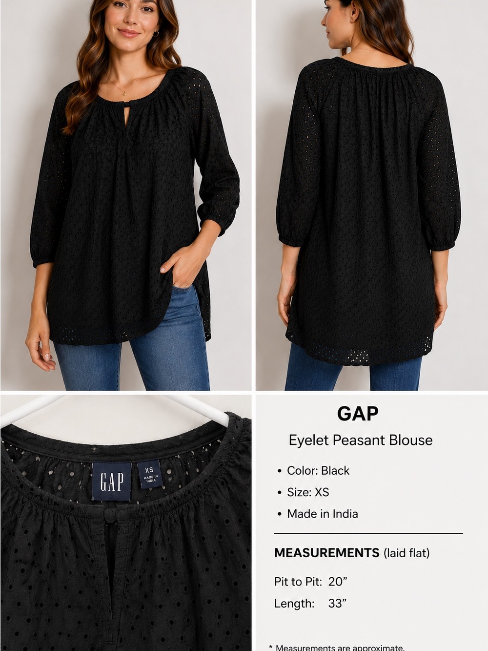 GAP Black Eyelet Peasant Blouse | 3/4 Sleeve Cotton Top